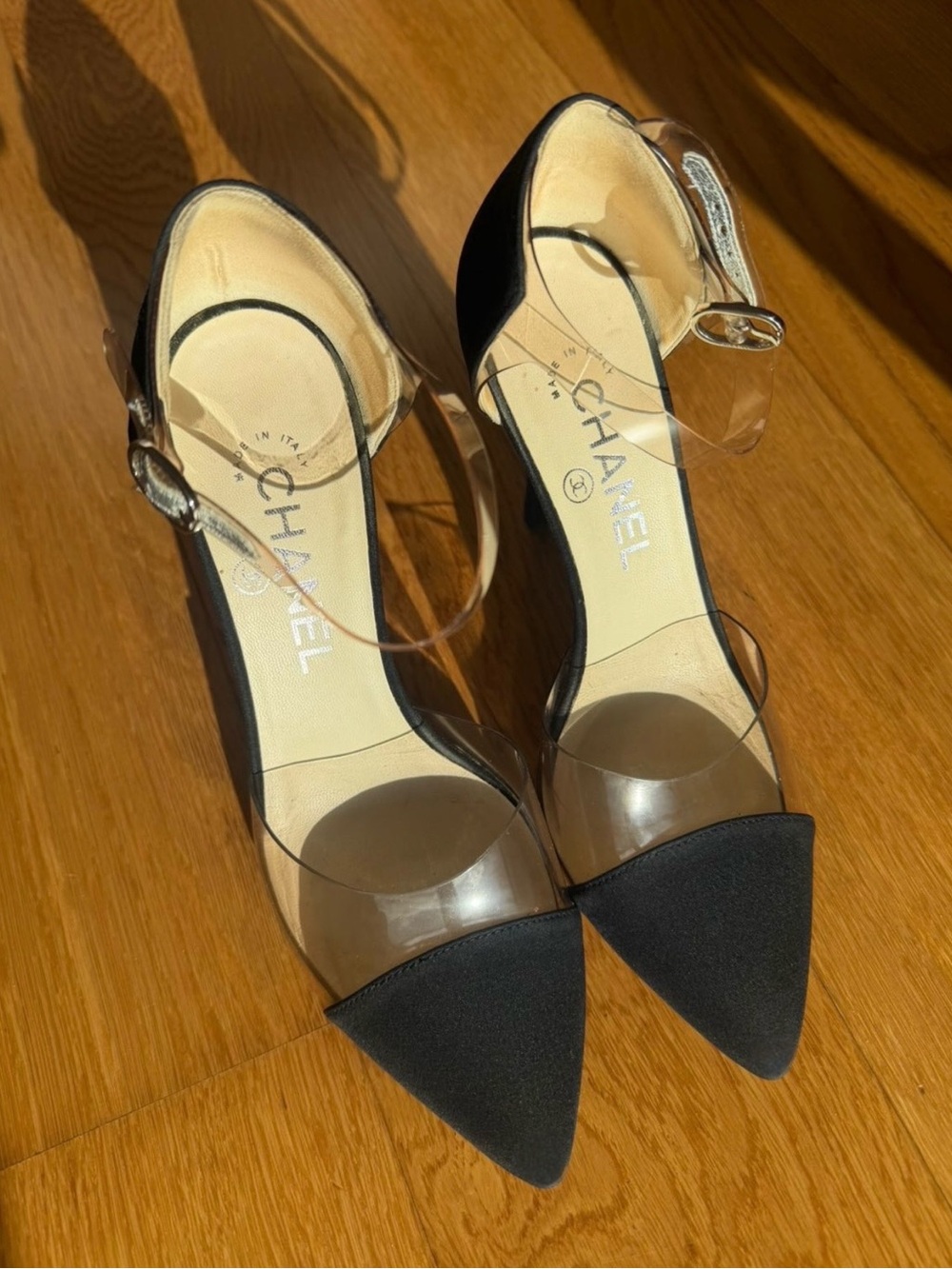 Chanel Black Fabric & Clear PVC Pointed-Toe Heels – Size 37.5